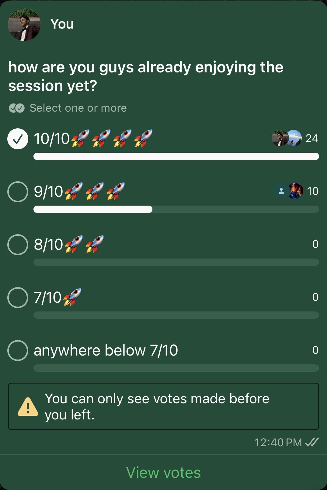 Live poll from a Rewire session: 24 people rated it 10 out of 10